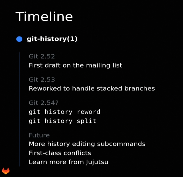 git-history Timeline

Could be merged in Git 2.54, with two subcommands, with more coming later.