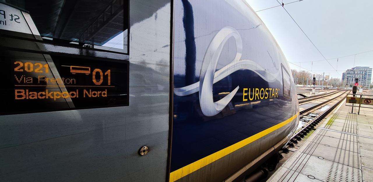 Eurostar e320 train outside display showing service 2021 Blackpool Nord Via Preston