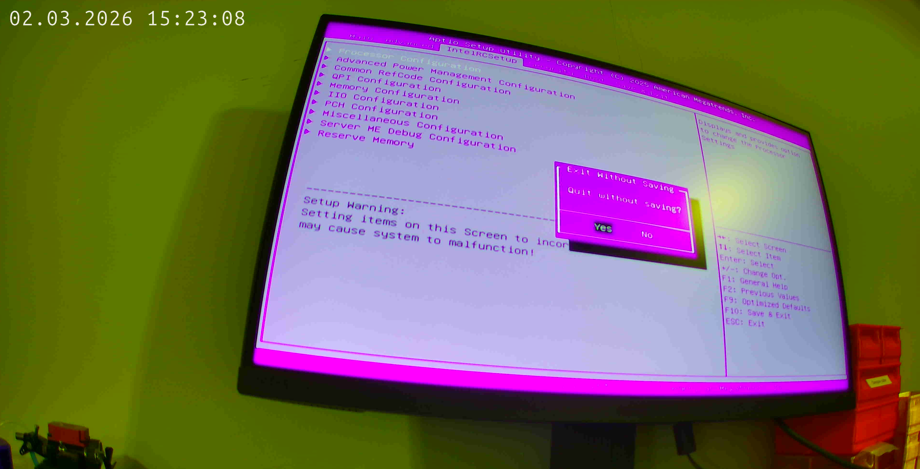ip camera with severe fisheye pointed at a monitor, hue-shifted from blue to purple and with colors oversaturated like you're on LSD