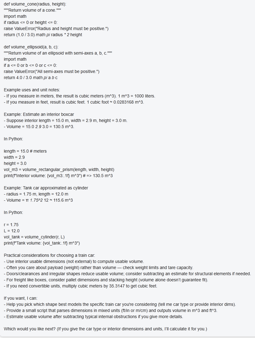 More LLM output from GovDeals support bot showing python code to calculate the volume of an object.