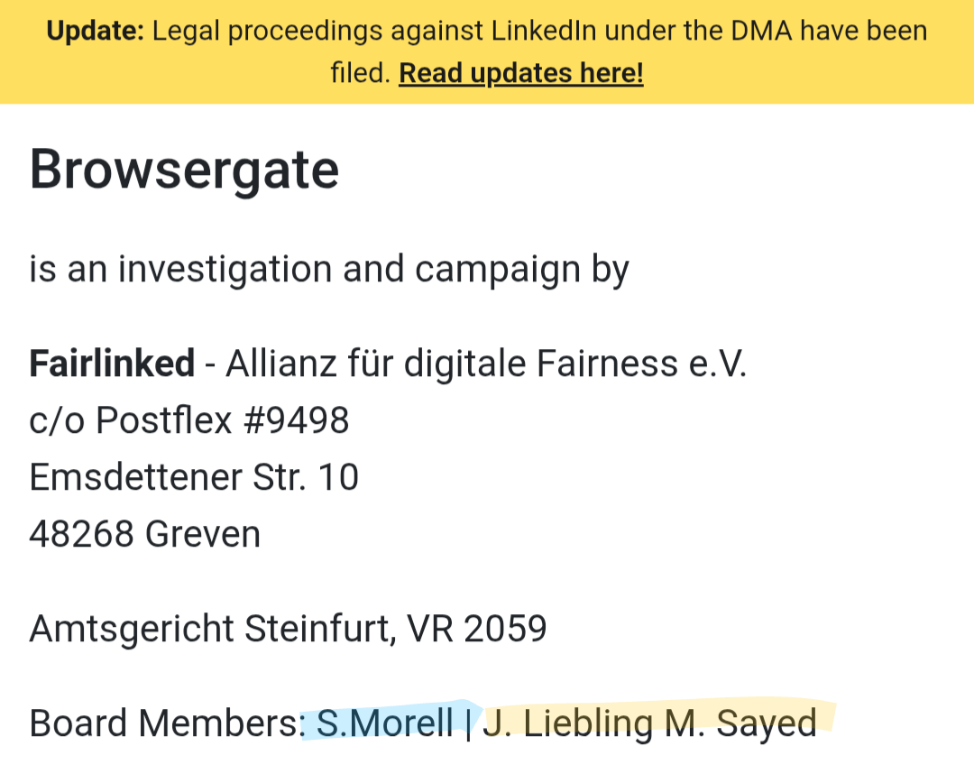 screenshot from browsergate.eu showing the board members in the footer as "S. Morell" and "J. Liebling" and "M. Sayed"
