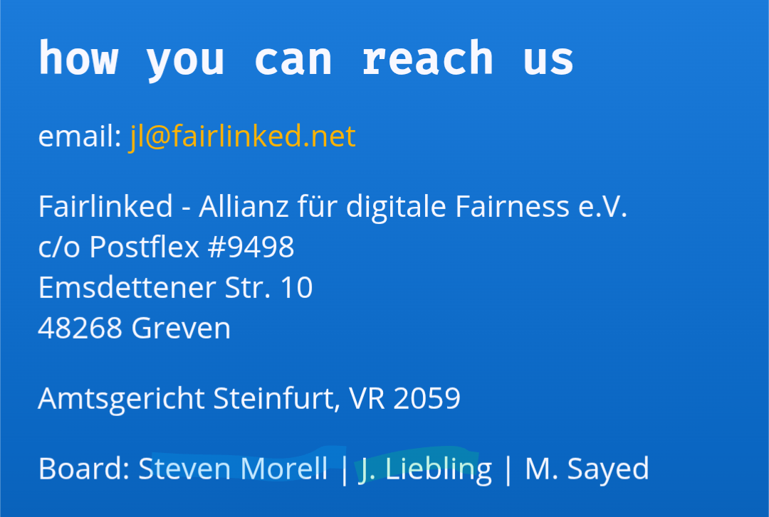 screenshot from fairlinked.eu showing the board members in the footer as "S. Morell" and "J. Liebling" and "M. Sayed"