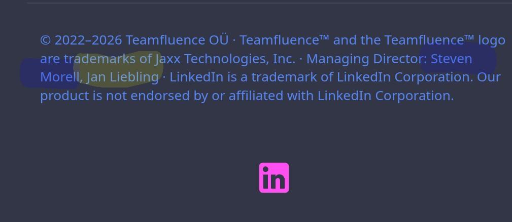 screenshot from https://teamfluence.com/ showing the Managing Directors in the footer as "Stevw
en Morell" and "Jan Liebling"