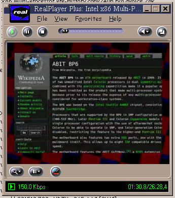 Screenshot of RealPlayer Plus 8 on Windows 98 displaying a crunchy 320x240 version of the video (encoded at 150 Kbps "medium crunch" setting).