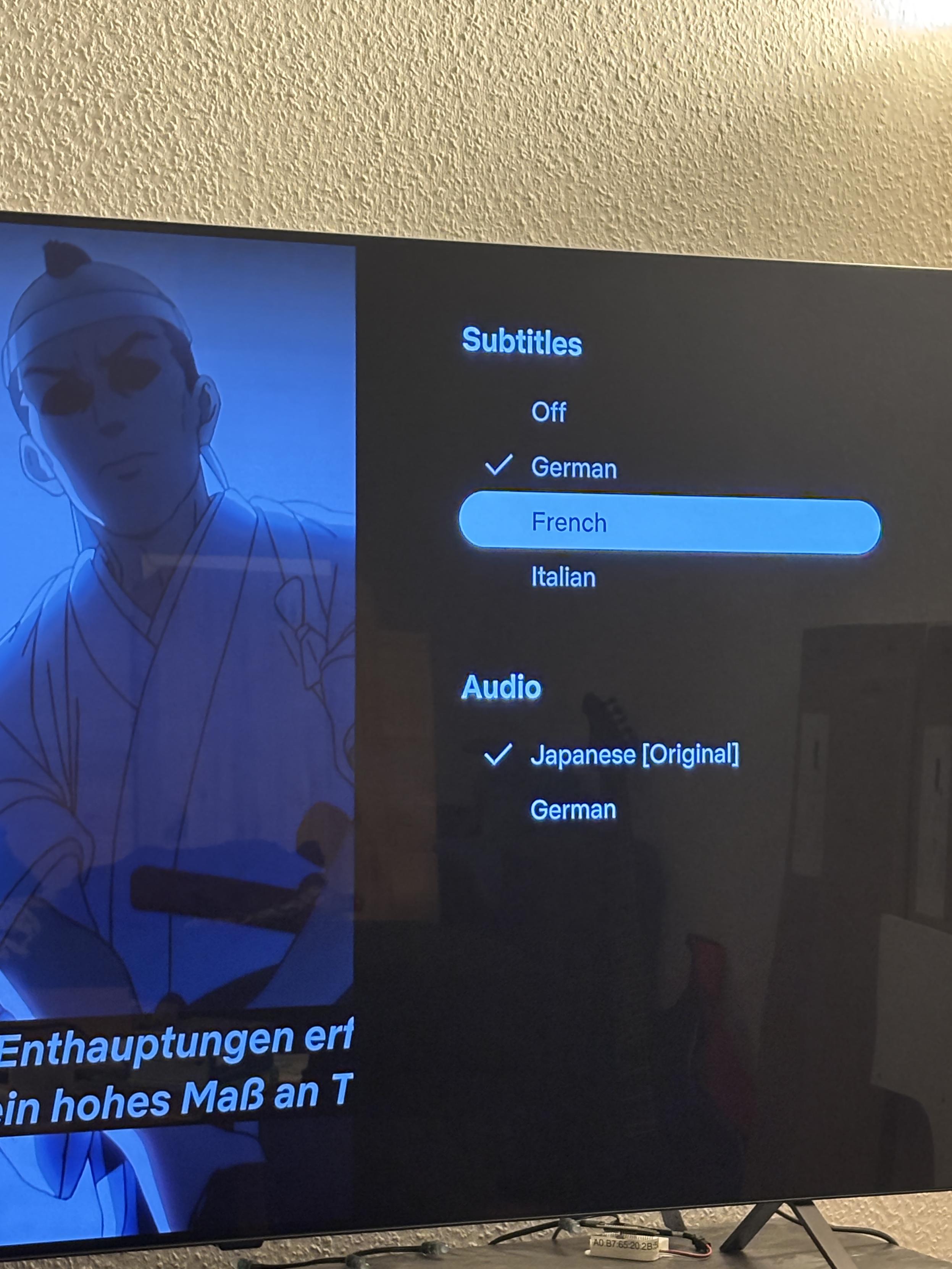 subtitles section of netflix on my tv showing only german, frecnh and italian subtitles for an anime