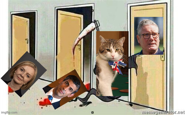 Grim reaper meme with larry about to kill starmer, sunak and truss are already dead