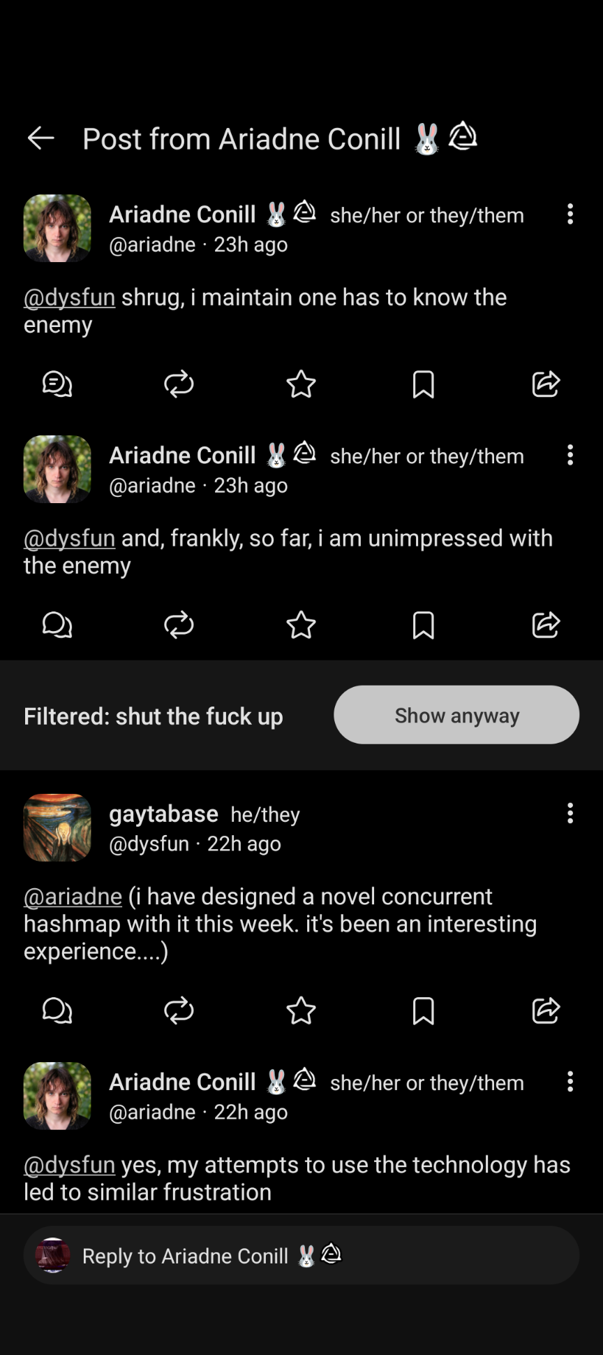 ariadne and dysfun's conversation, with one post filtered with the message "shut the fuck up"