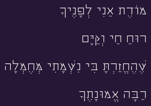 modet ani l'fanecha ruakh khai v'kayam shehekhezarta bi nishmati m'khemlah rabah emunatekha