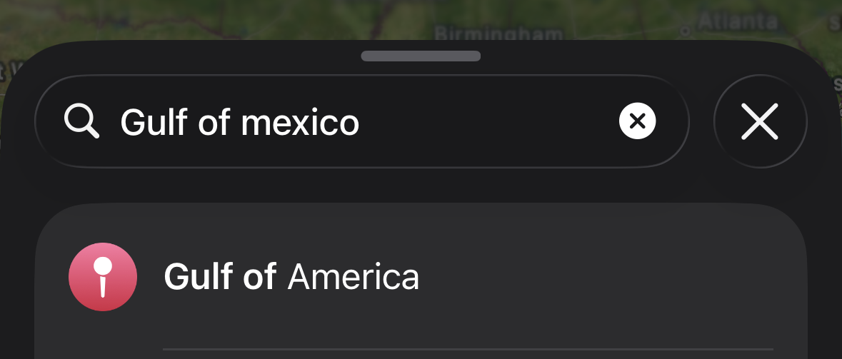 Searching maps for "Gulf of Mexico". The result is Gulf of America