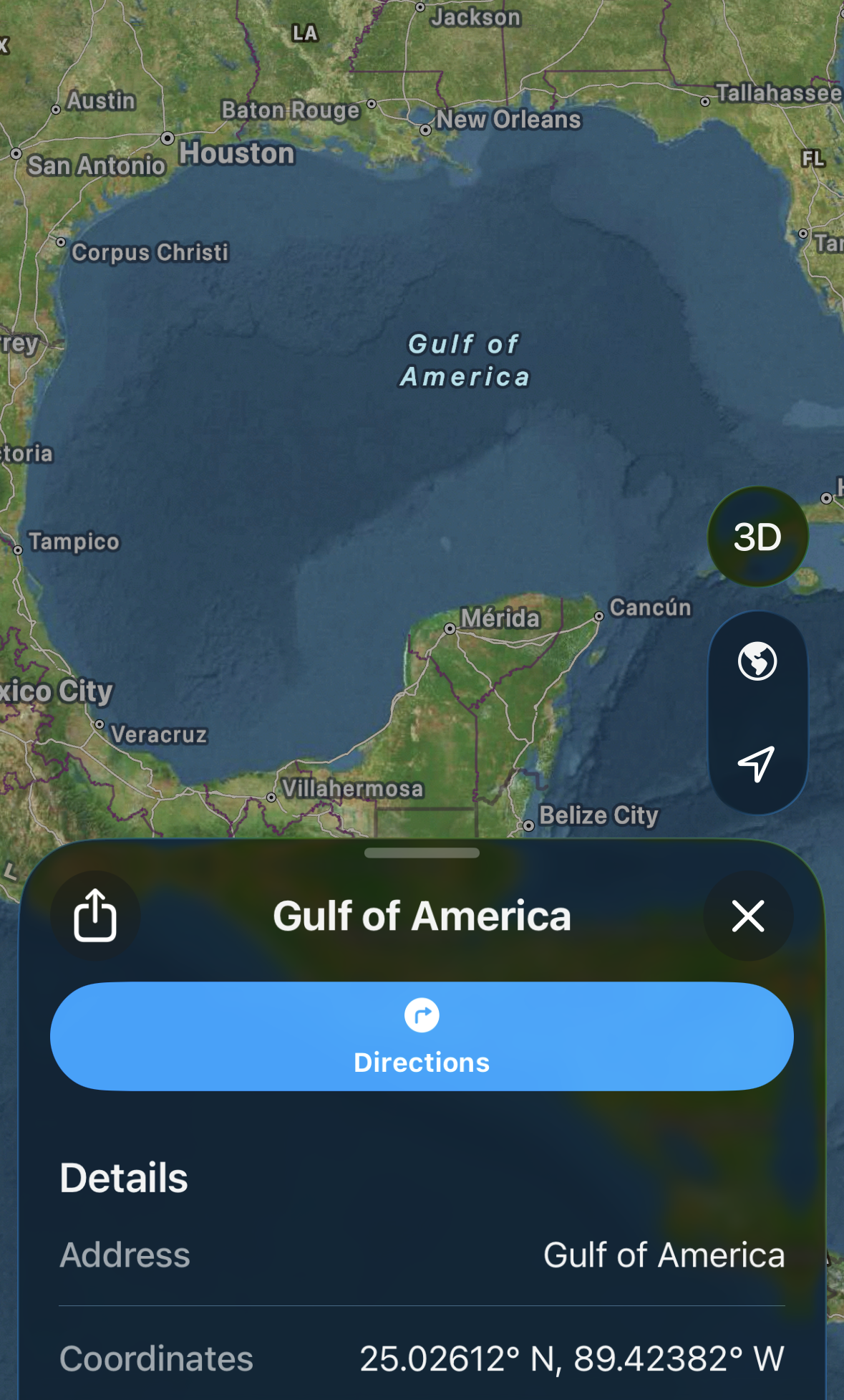 A map of the Gulf of Mexico. It's labeled Gulf of America.