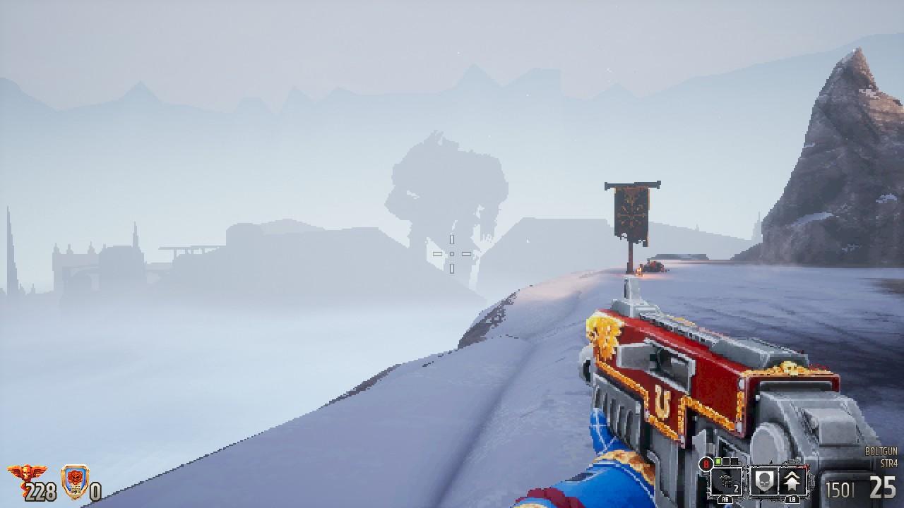 Screenshot from very early in the game, from a first person perspective you can see the hand of an ultramarine holding a bolter as they look across a stark white, foggy, skybox toward the incredibly large silhouette of a Titan (a giant mech made for war)