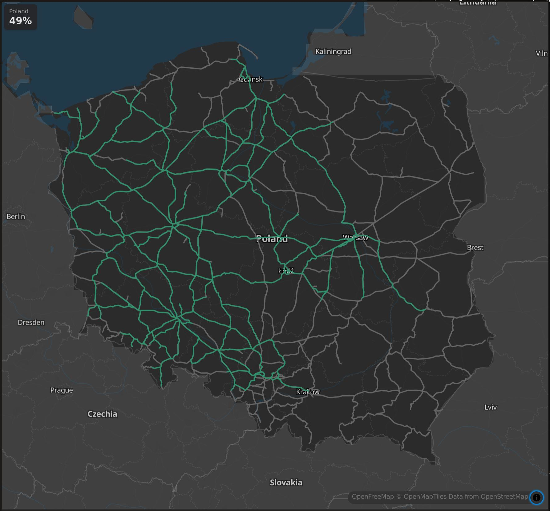 A rail coverage map of Poland. It's a colorful web of railway lines marked on the contour of the country, with major cities marked. A large portion of the railway lines in the western part of the country is marked green (for visited), particularly thick webs around Poznań and Wrocław, becoming less dense further away from them. The green lines reach north into Kamień Pomorski, Kołobrzeg and Gdynia, east into Elbląg, Olsztyn and Mińsk Mazowiecki (all of them not labeled), southeast into Lublin and Kraków separately, south to MIędzylesie and Racibórz (also not labeled), and west reaching near the German border in Zgorzelec, Kostrzyn and Świnoujście. The north- and southeasternmost part is uncovered at this time.