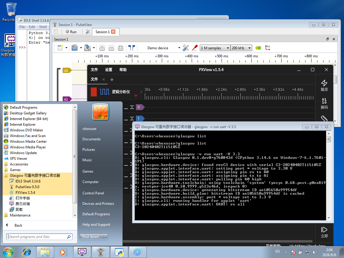 windows 7 vm with glasgow, python idle, pulseview, and pxview