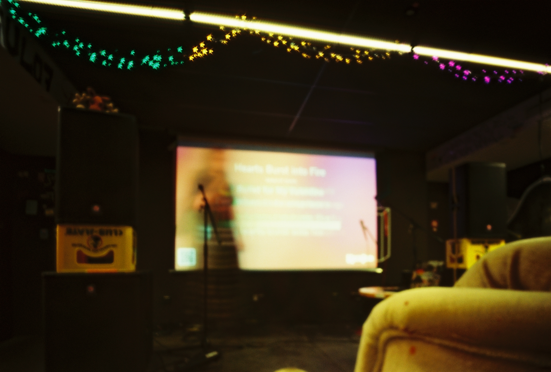 Photo of me performing at a Karaoke Event
A beamer illumiates the wall behind me with lyrics.
The song is visible as "Heart bursts into fire"
I am blurry and washed out, akin to a ghost.
Details of the room include a sofa, fairy lights on the ceiling, and audio equipment propped up on club mate crates.